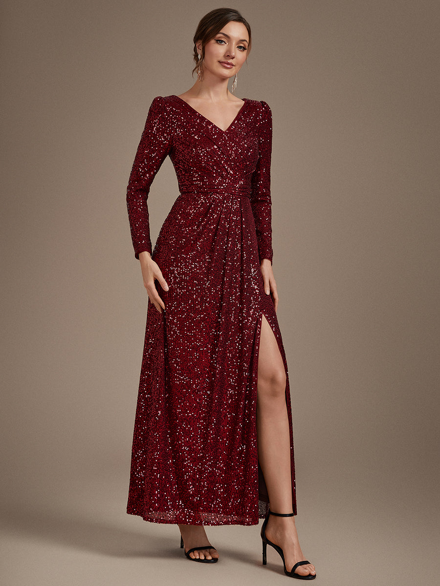 Sequins Fitted Long Sleeve Sheath Evening Dress #color_Burgundy