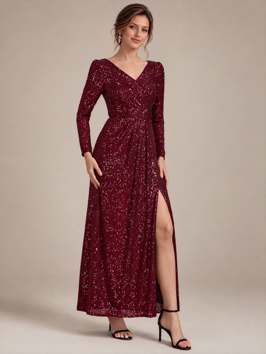 Sequins Fitted Long Sleeve Sheath Evening Dress #color_Burgundy