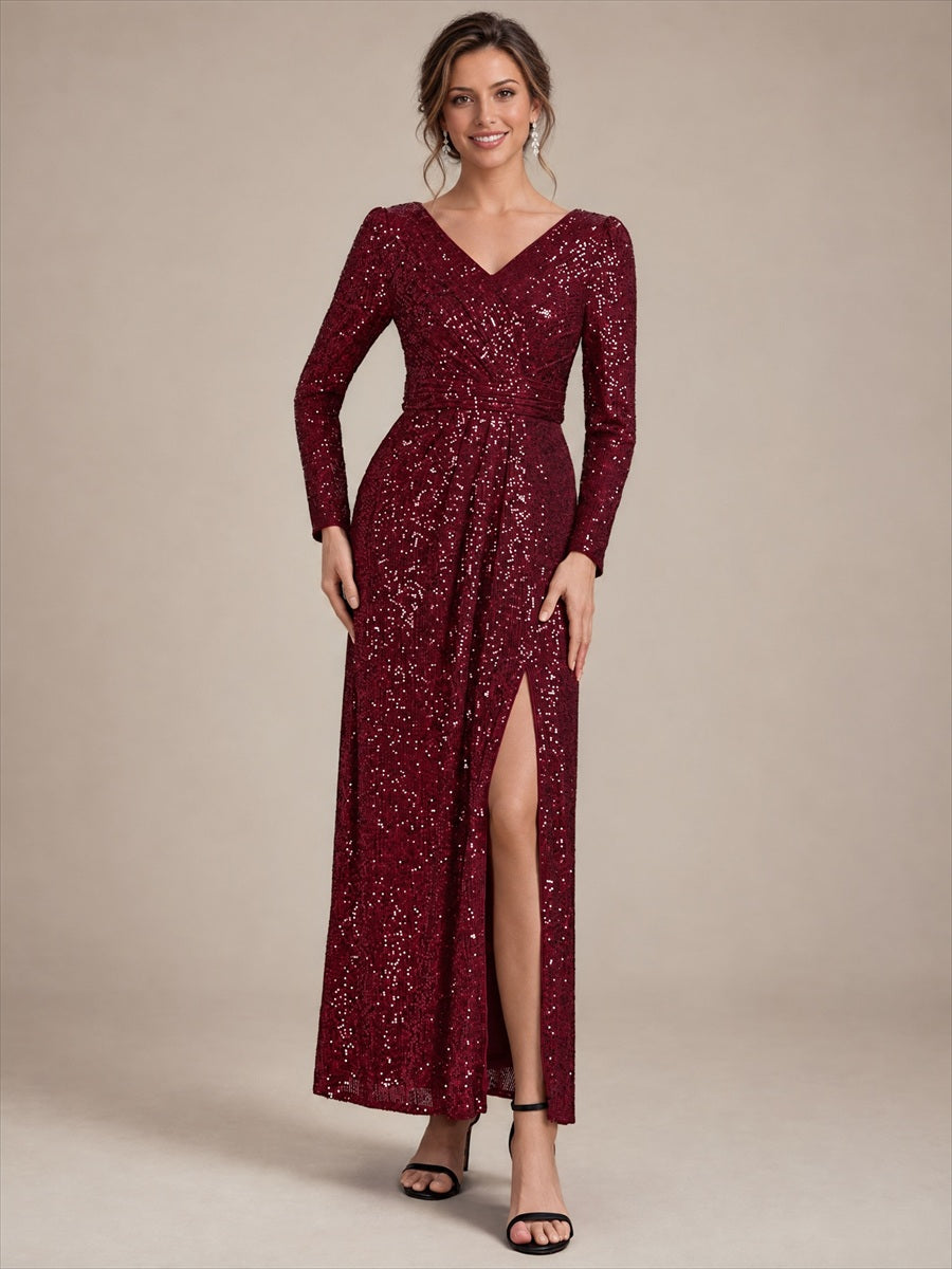 Sequins Fitted Long Sleeve Sheath Evening Dress #color_Burgundy