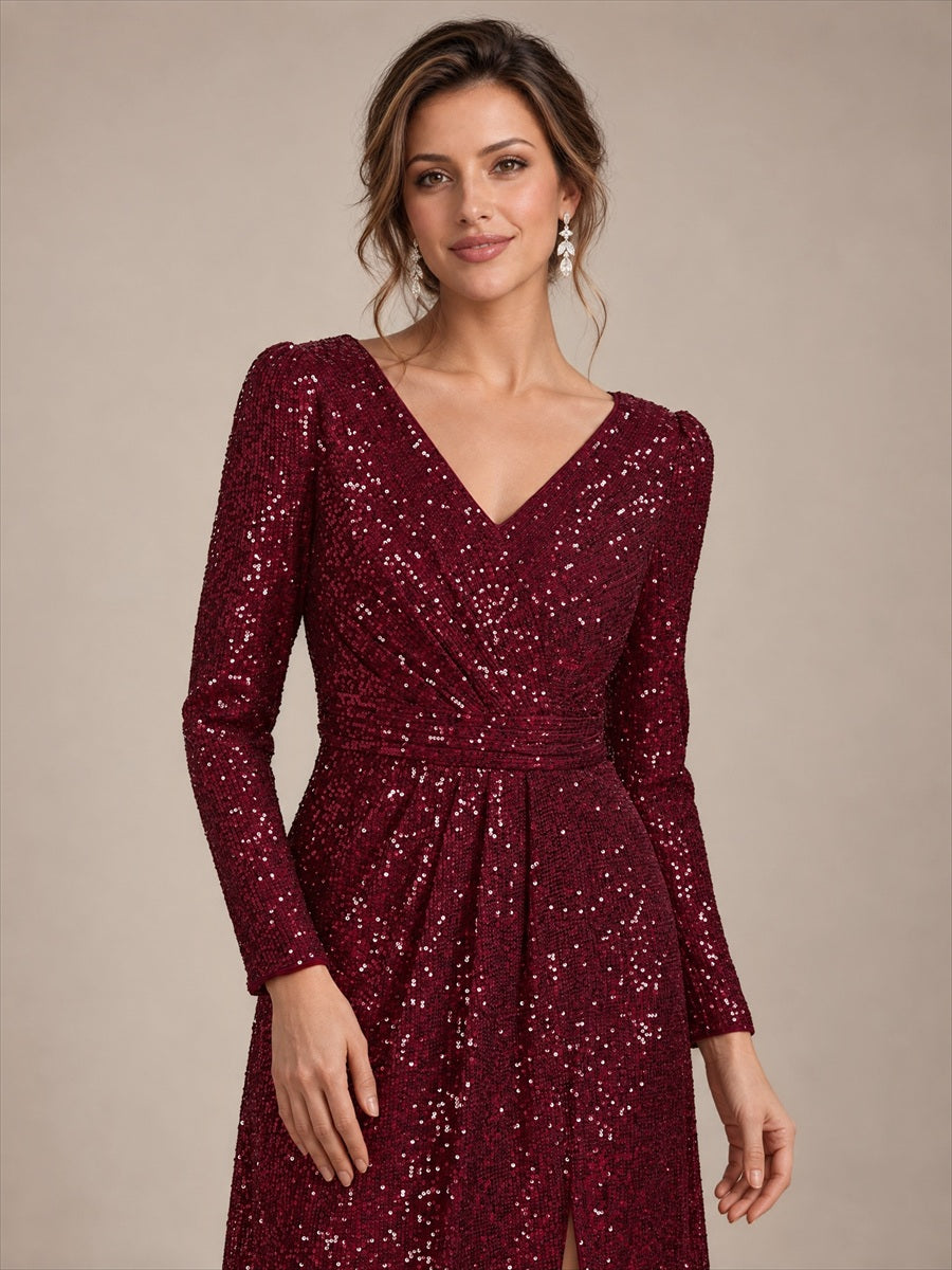 Sequins Fitted Long Sleeve Sheath Evening Dress #color_Burgundy