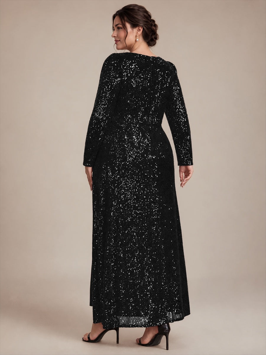 Plus Size Sequins Fitted Long Sleeve Evening Dress #color_Black
