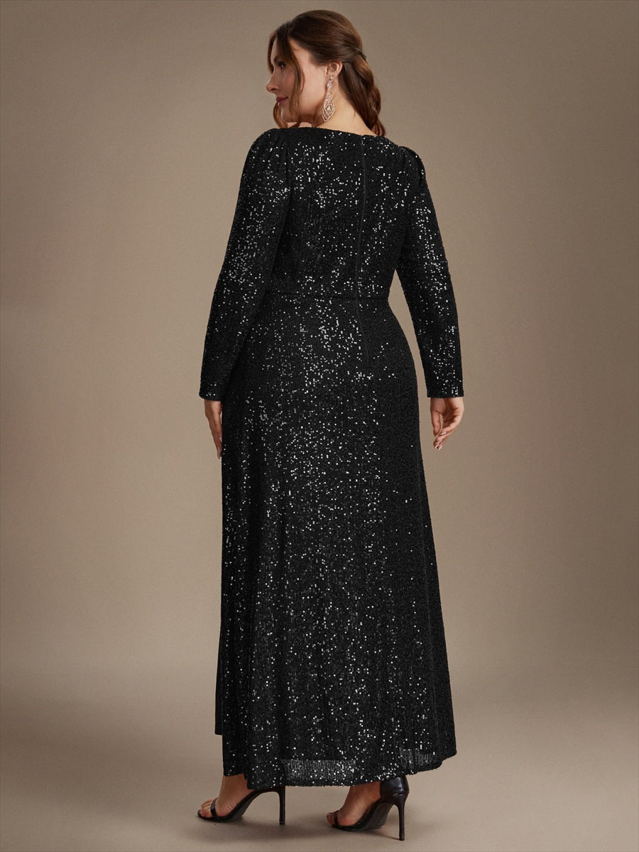 Sequins Fitted Long Sleeve Sheath Evening Dress #color_Black