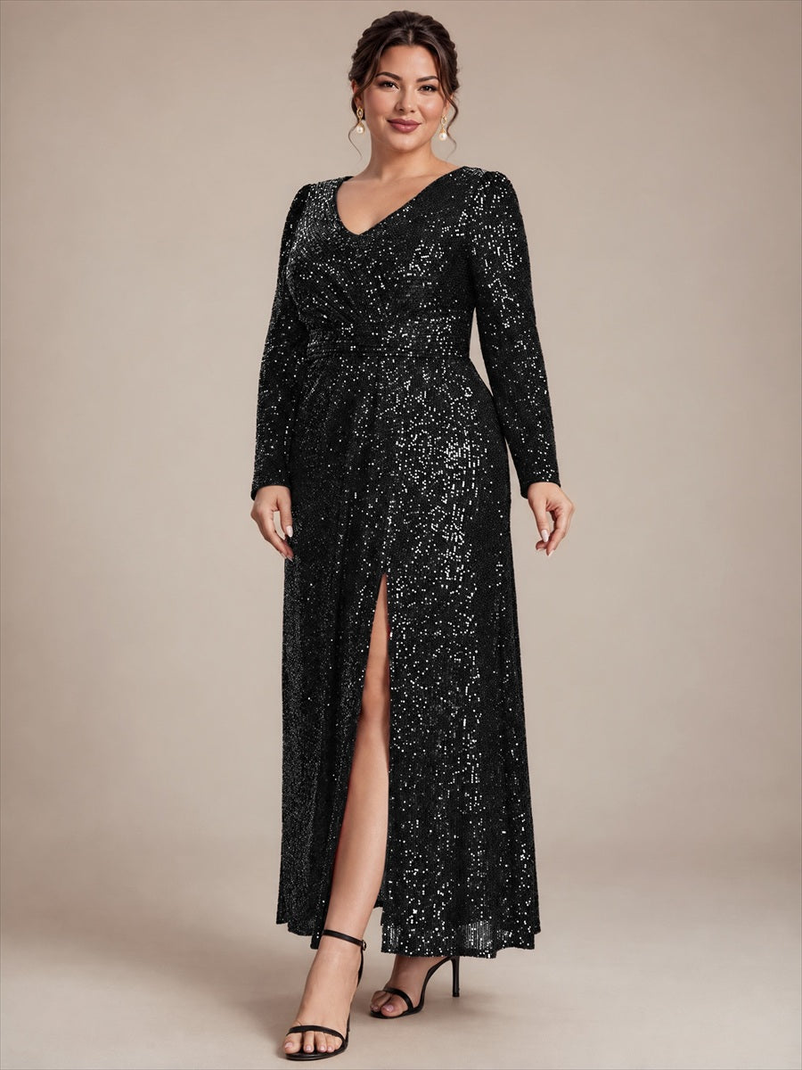 Sequins Fitted Long Sleeve Sheath Evening Dress #color_Black