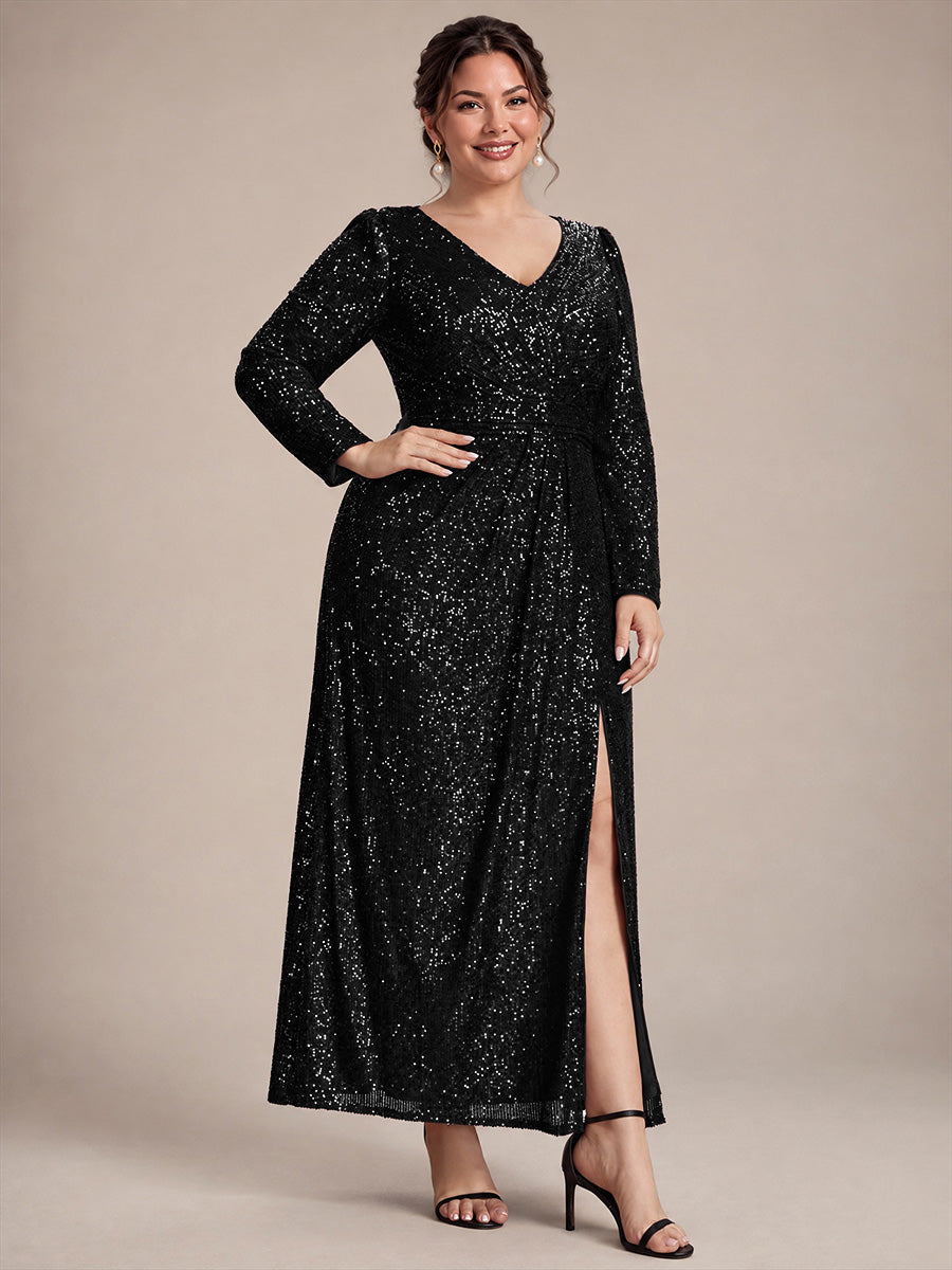 Sequins Fitted Long Sleeve Sheath Evening Dress #color_Black