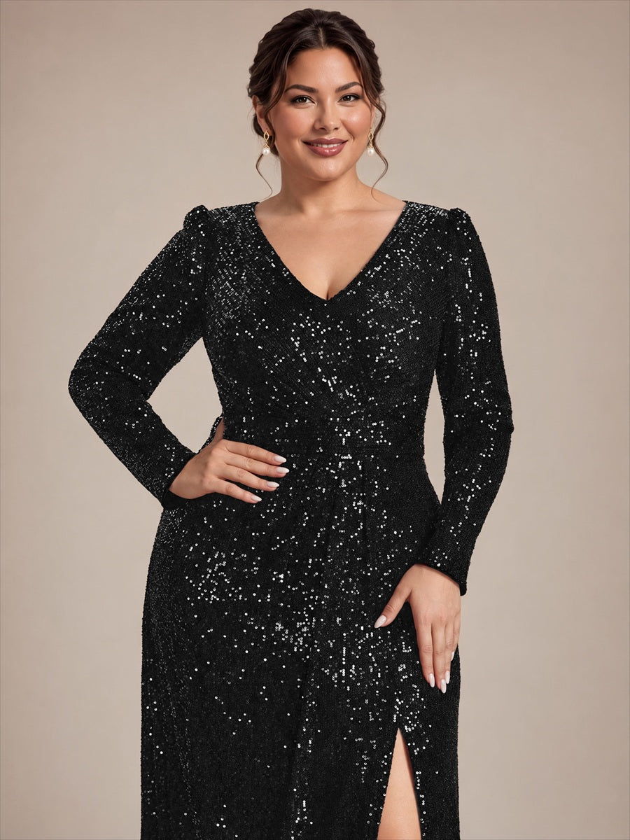 Plus Size Sequins Fitted Long Sleeve Evening Dress #color_Black