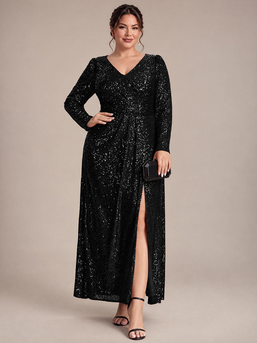Sequins Fitted Long Sleeve Sheath Evening Dress #color_Black