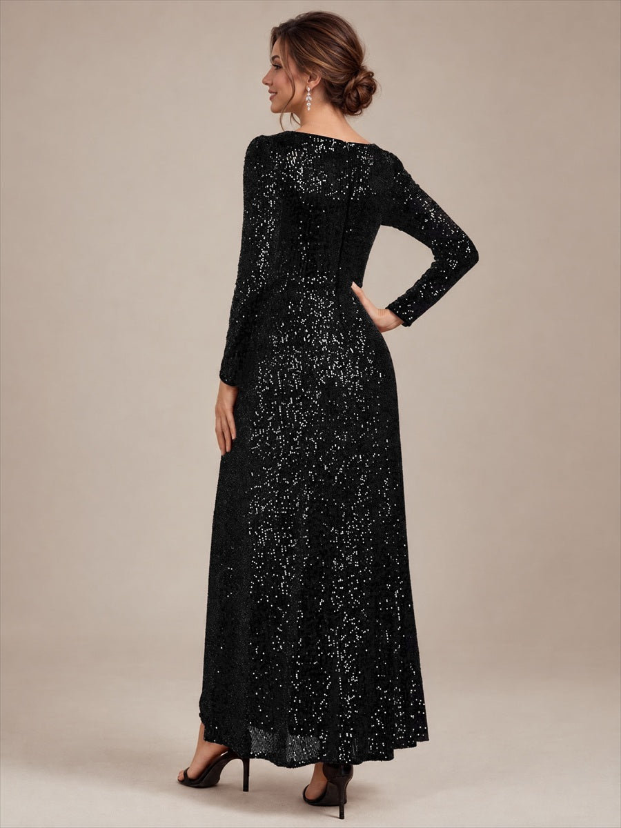 Sequins Fitted Long Sleeve Sheath Evening Dress #color_Black