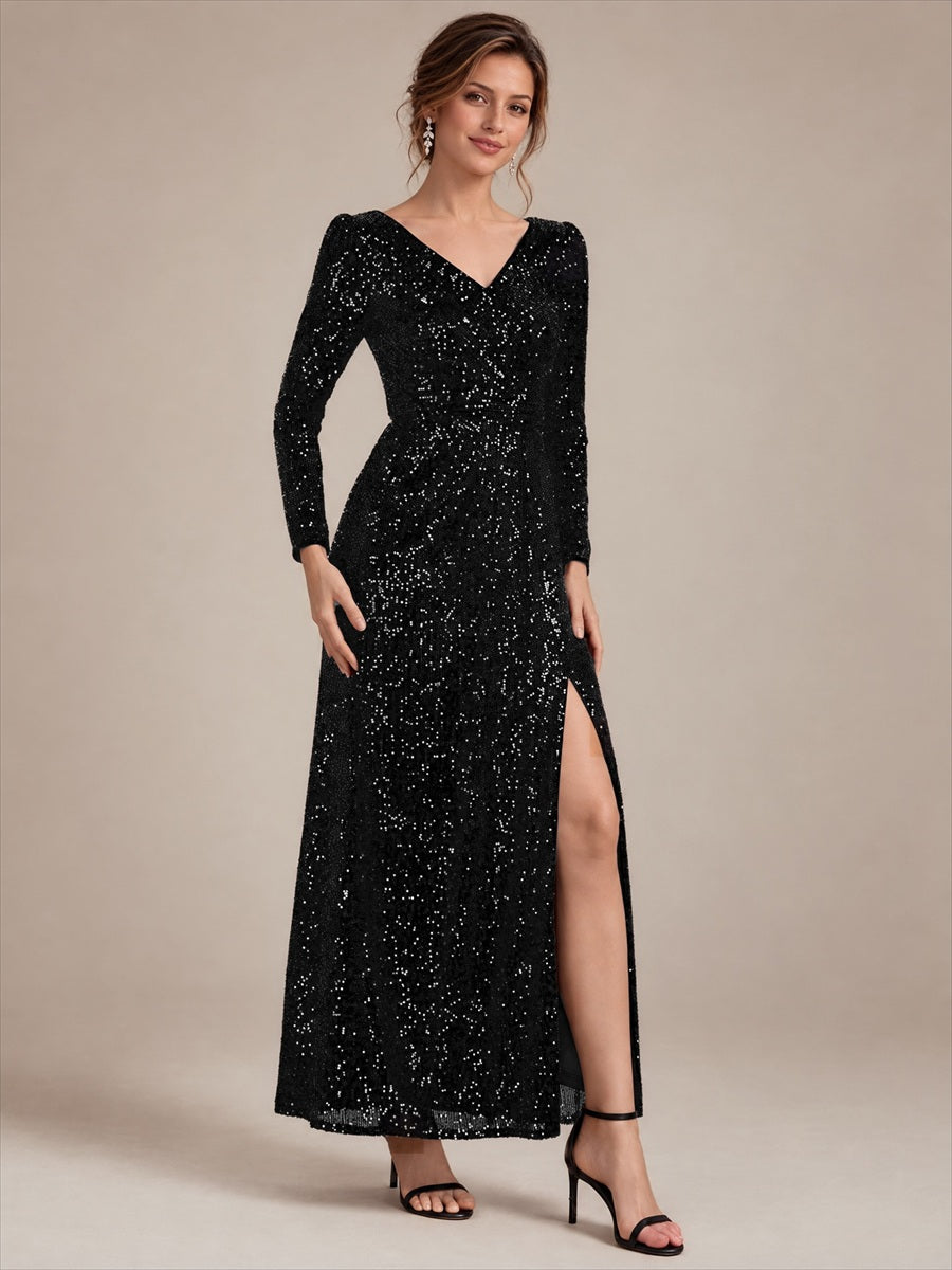 Sequins Fitted Long Sleeve Sheath Evening Dress #color_Black