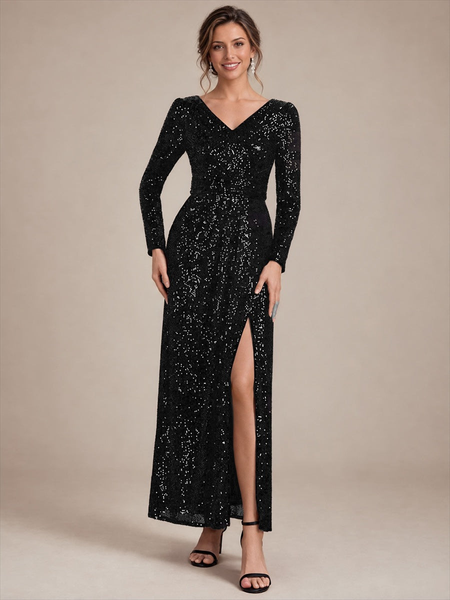 Sequins Fitted Long Sleeve Sheath Evening Dress #color_Black