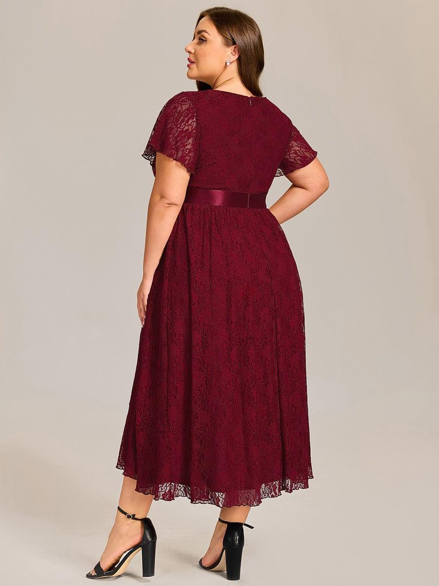 Ruffled Sleeve Empire Waist Lace Wedding Guest Dress #color_Burgundy