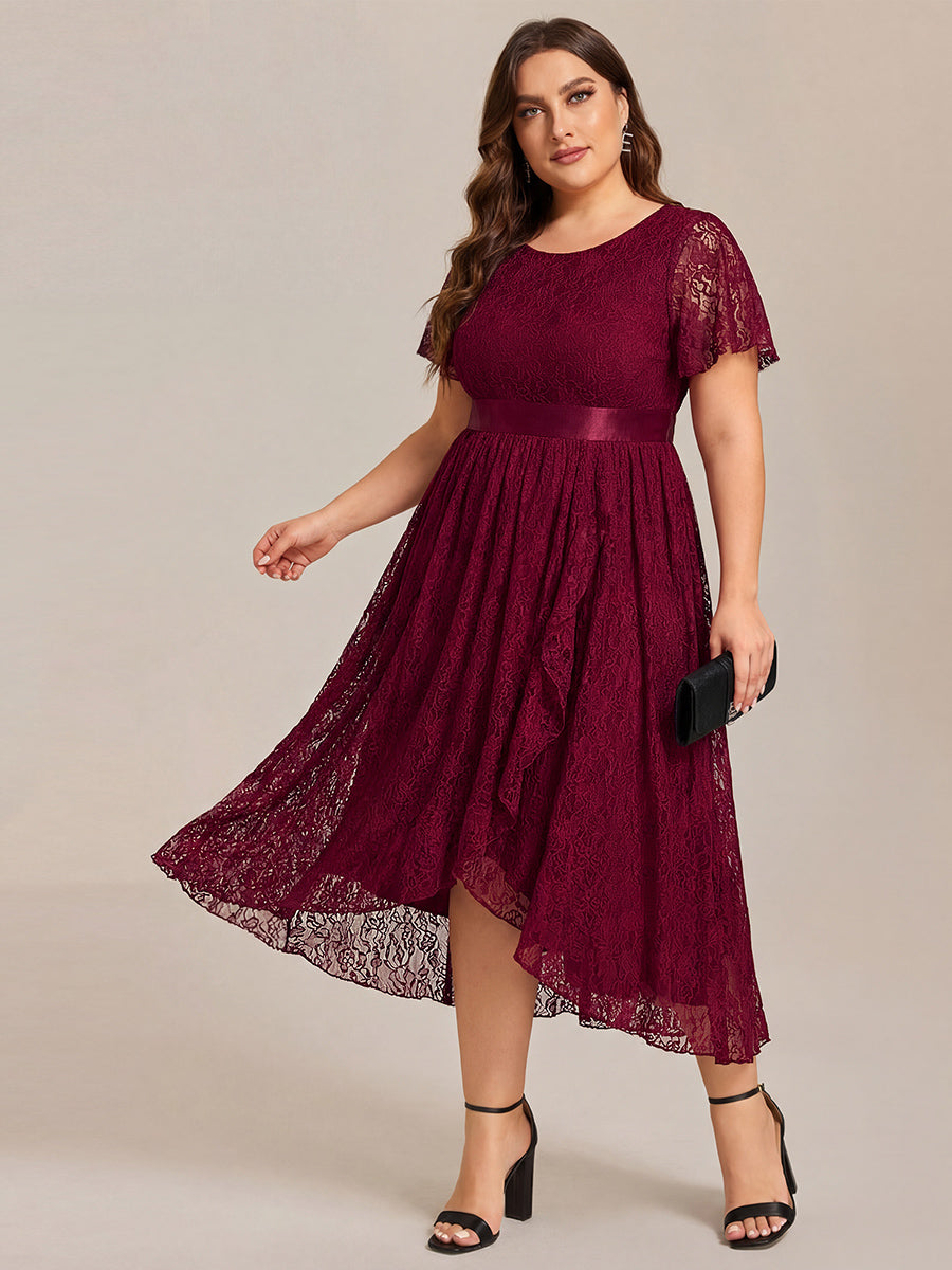 Ruffled Sleeve Empire Waist Lace Wedding Guest Dress #color_Burgundy