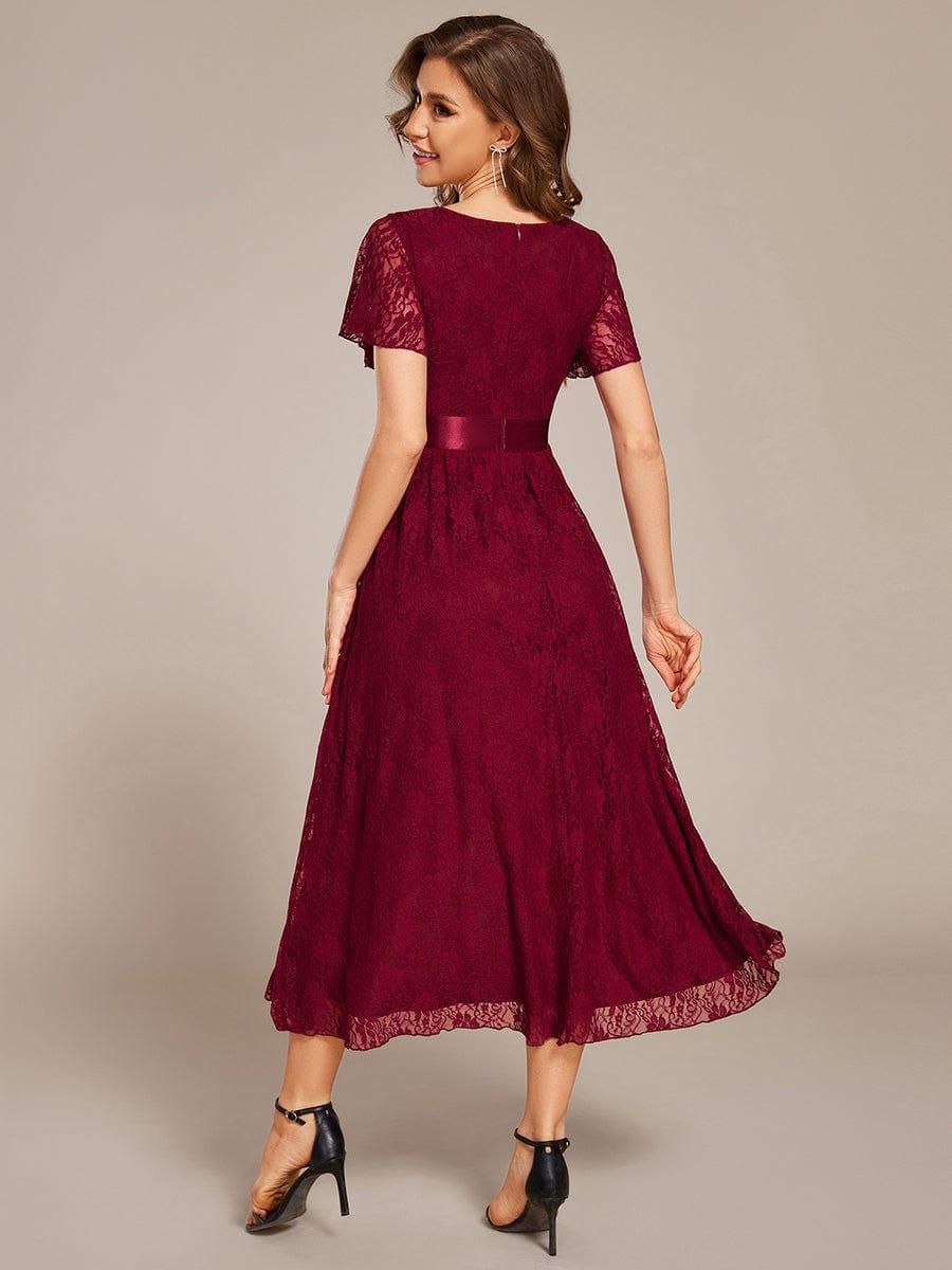 Ruffled Sleeve Empire Waist Lace Wedding Guest Dress #color_Burgundy