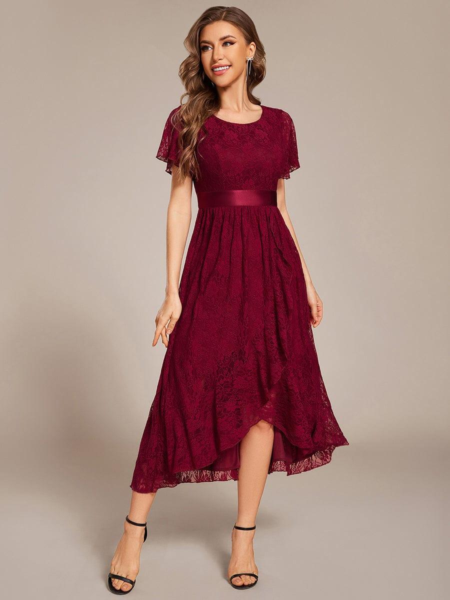 Ruffled Sleeve Empire Waist Lace Wedding Guest Dress #color_Burgundy