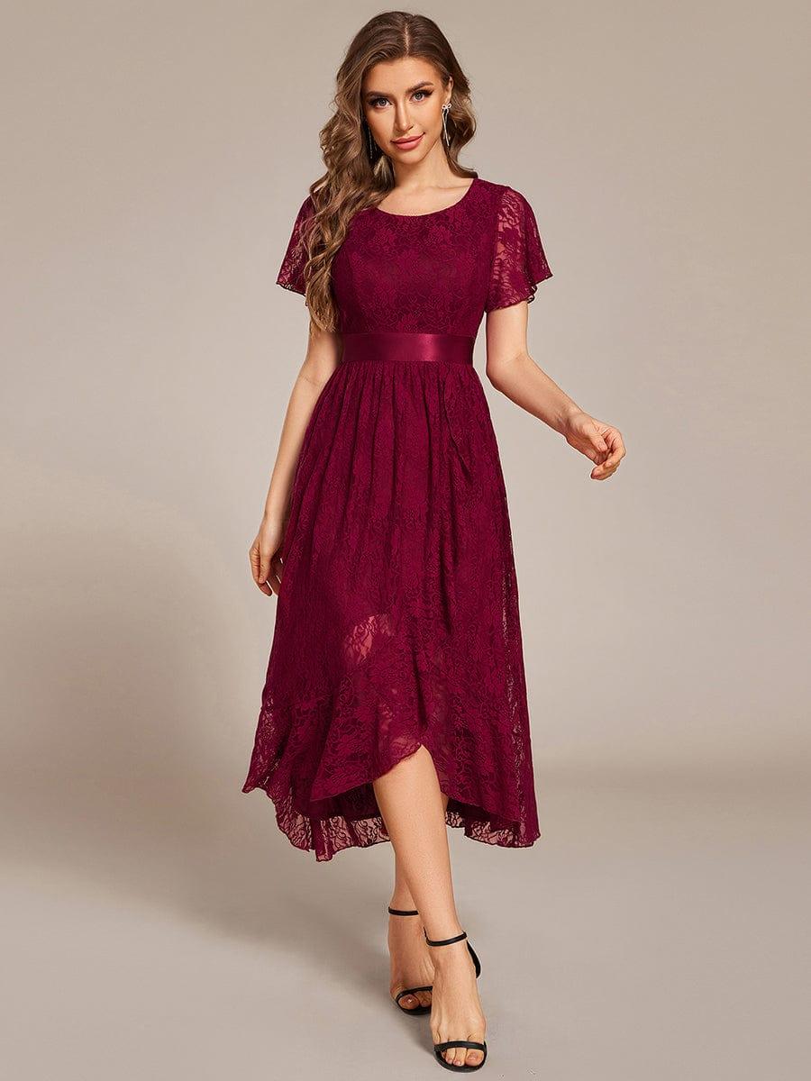 Ruffled Sleeve Empire Waist Lace Wedding Guest Dress #color_Burgundy