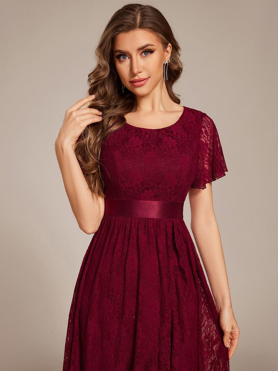 Ruffled Sleeve Empire Waist Lace Wedding Guest Dress #color_Burgundy