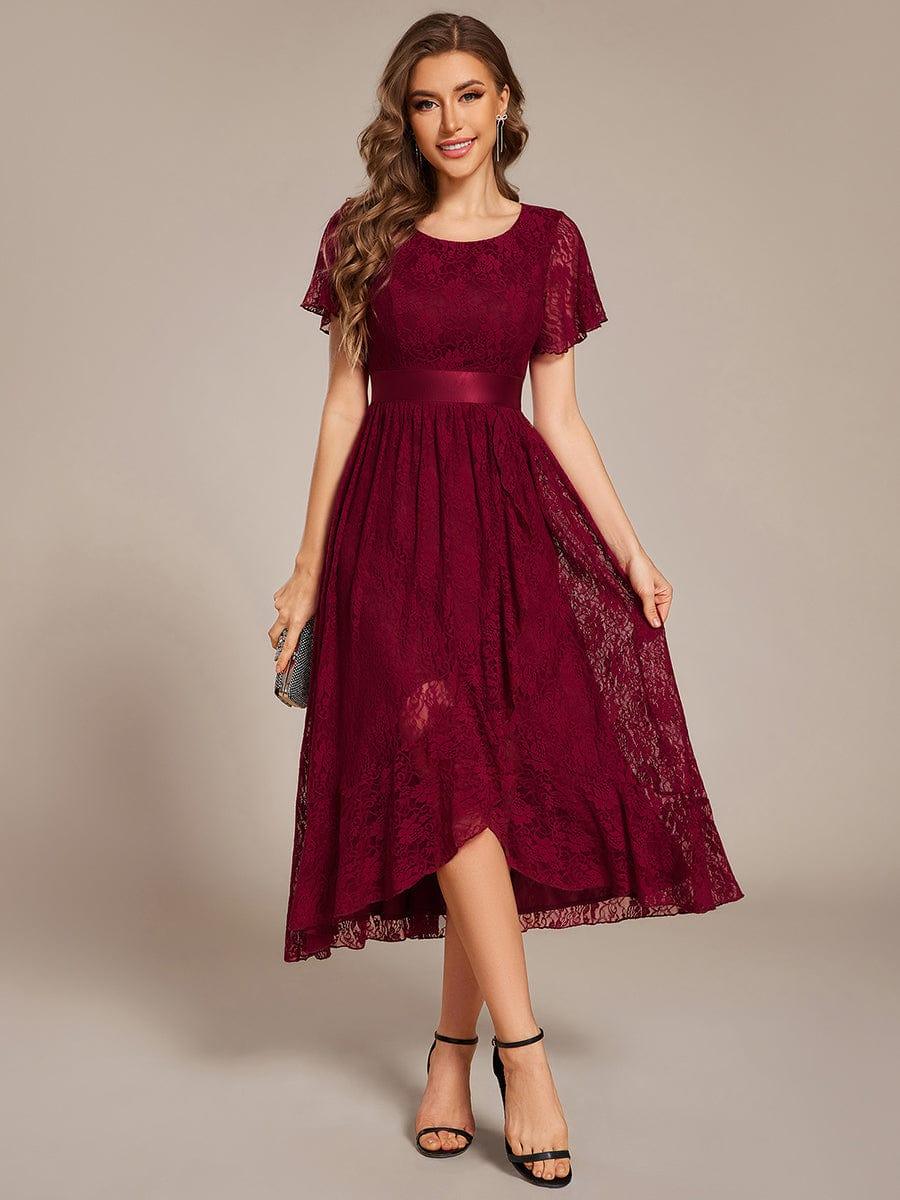 Ruffled Sleeve Empire Waist Lace Wedding Guest Dress #color_Burgundy