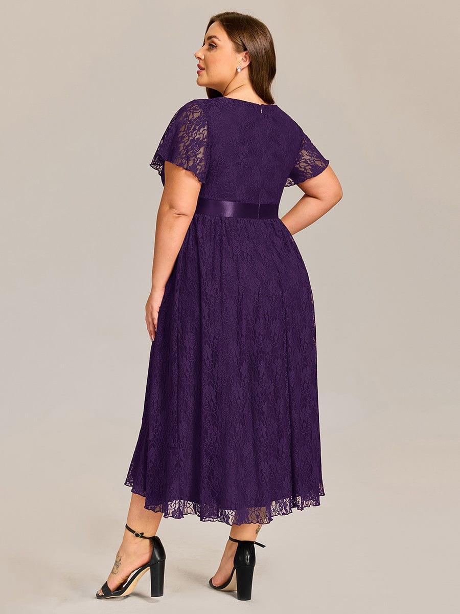 Plus Size Ruffled Sleeve Empire Waist Lace Wedding Guest Dress #color_Dark Purple