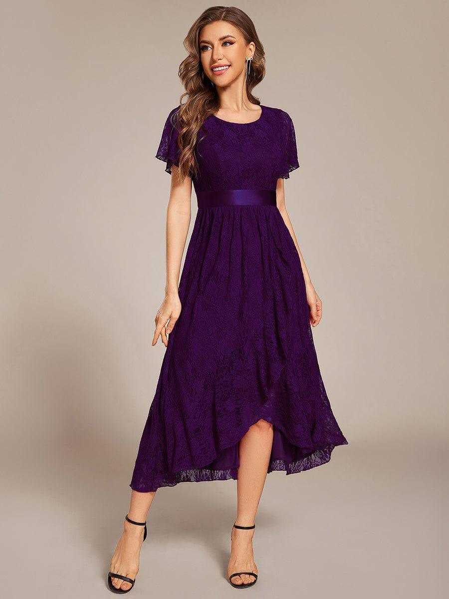 Ruffled Sleeve Empire Waist Lace Wedding Guest Dress #color_Dark Purple