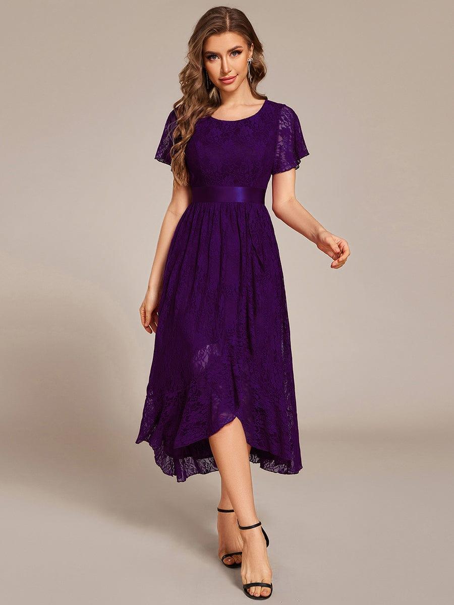 Ruffled Sleeve Empire Waist Lace Wedding Guest Dress #color_Dark Purple
