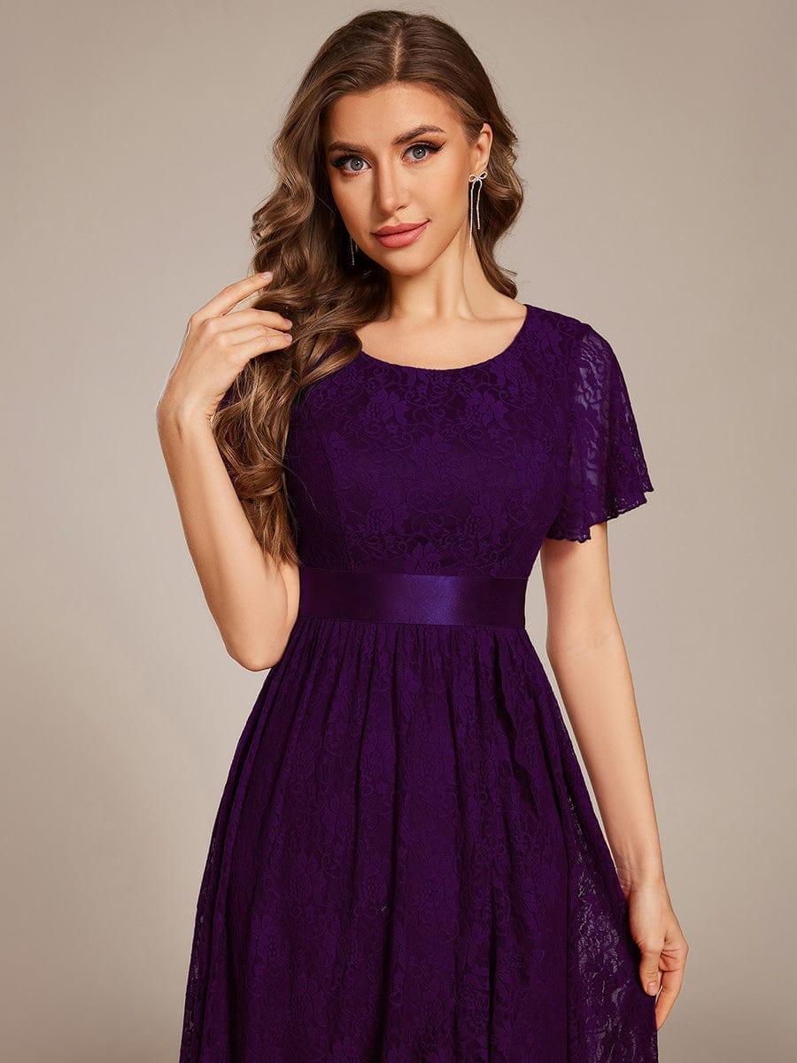 Ruffled Sleeve Empire Waist Lace Wedding Guest Dress #color_Dark Purple