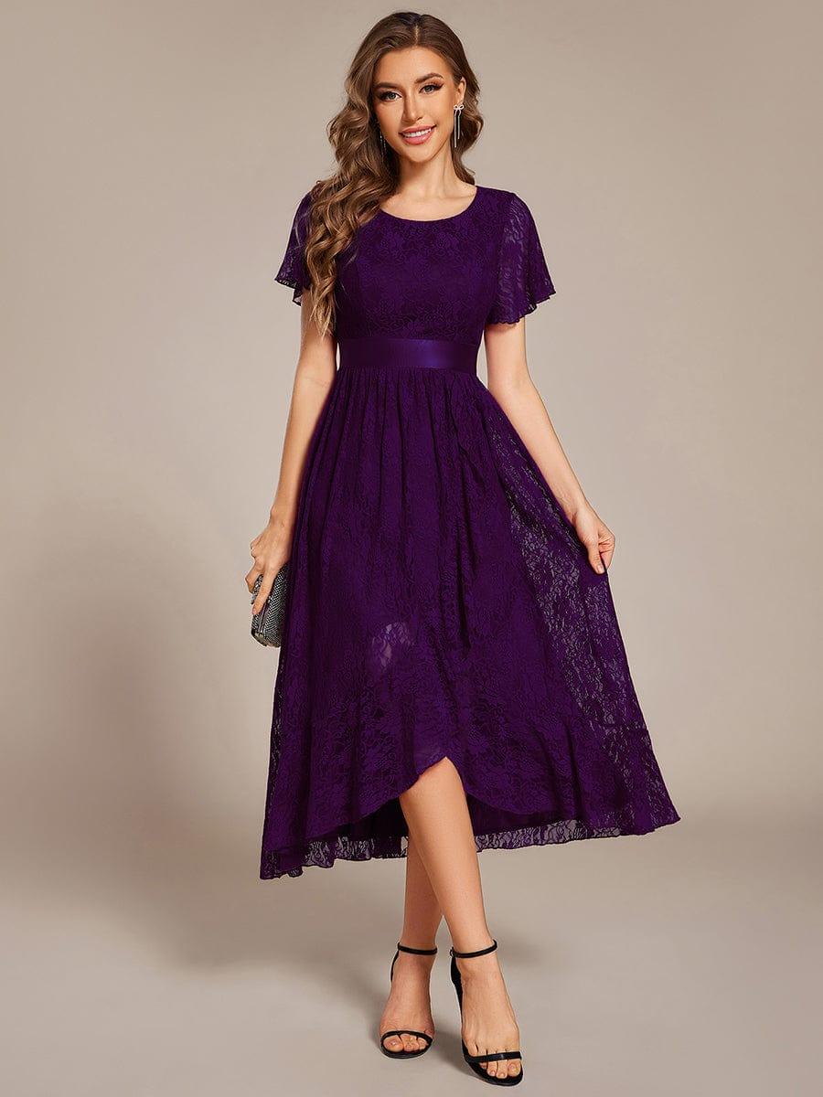 Ruffled Sleeve Empire Waist Lace Wedding Guest Dress #color_Dark Purple