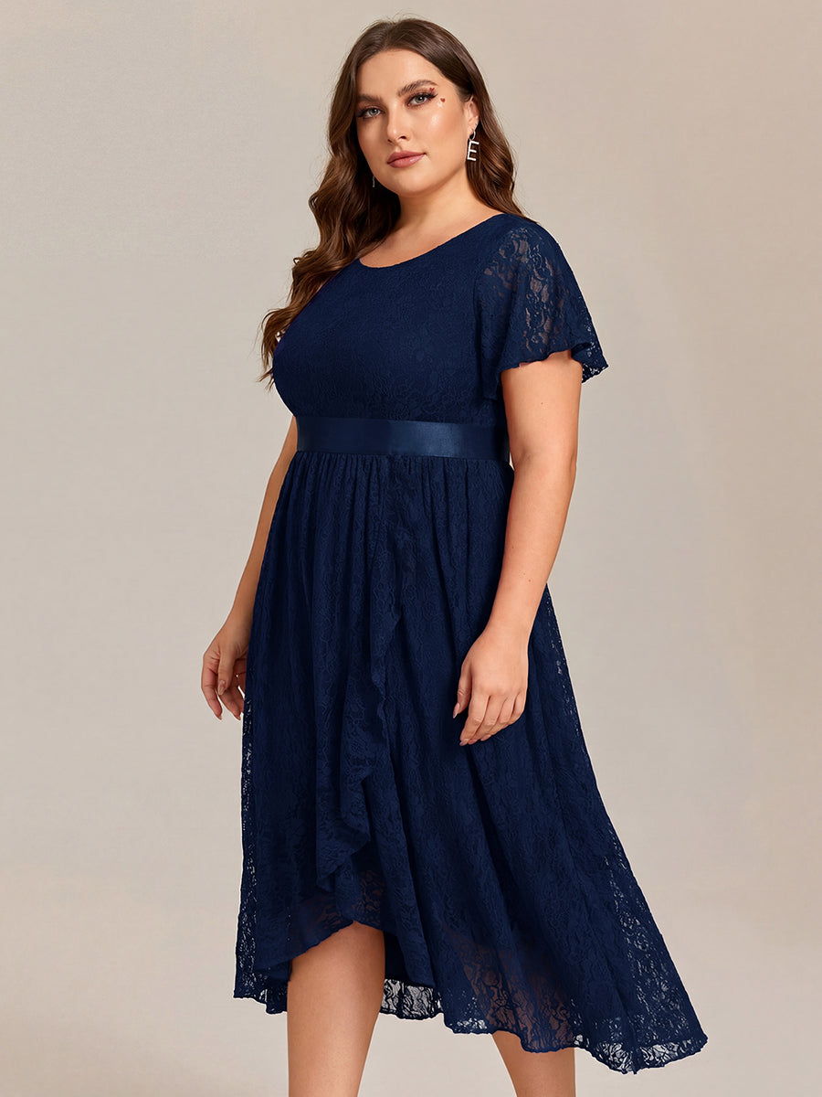 Plus Size Lace Short Sleeve Round Neckline Midi Formal Dress #color_Navy Blue