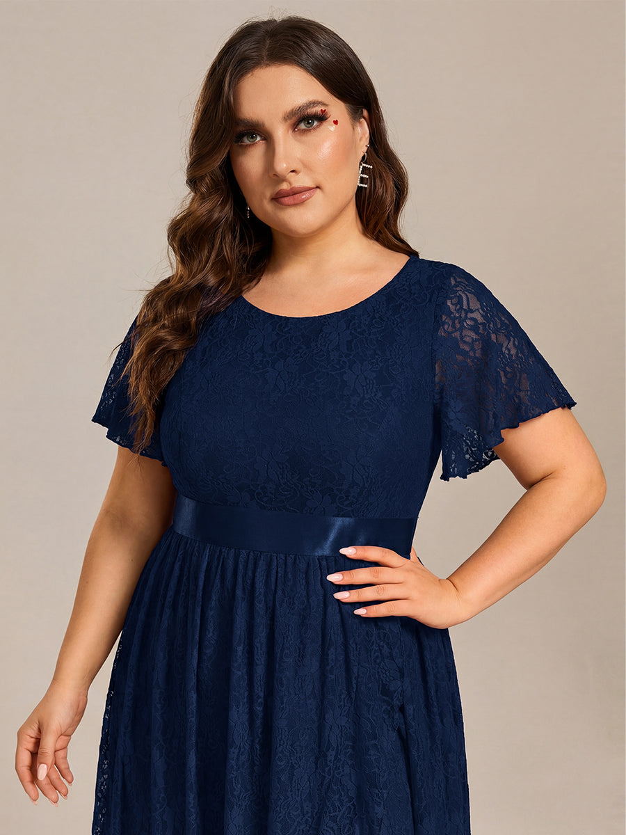 Ruffled Sleeve Empire Waist Lace Wedding Guest Dress #color_Navy Blue