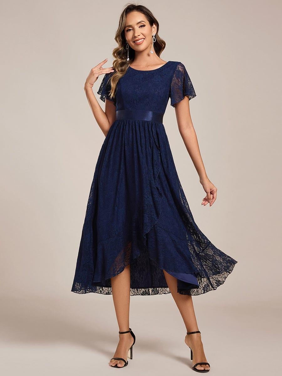 Ruffled Sleeve Empire Waist Lace Wedding Guest Dress #color_Navy Blue