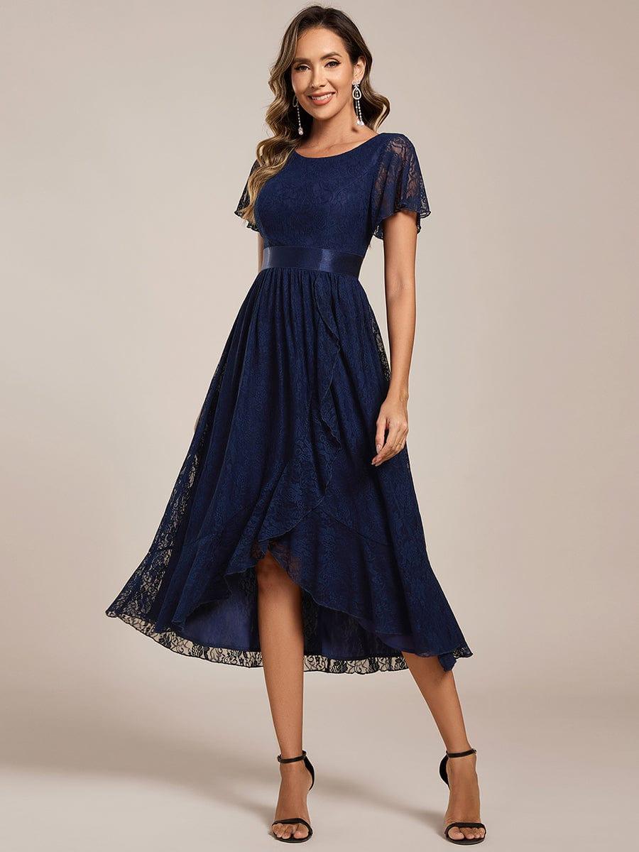 Ruffled Sleeve Empire Waist Lace Wedding Guest Dress #color_Navy Blue