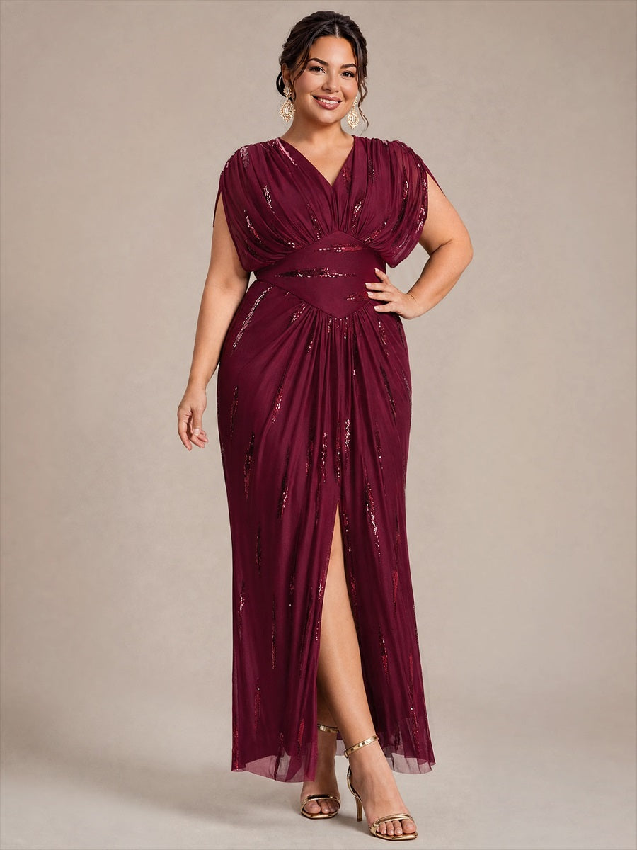 Plus Size Slit Tulle Batwing Evening Dress #color_Burgundy