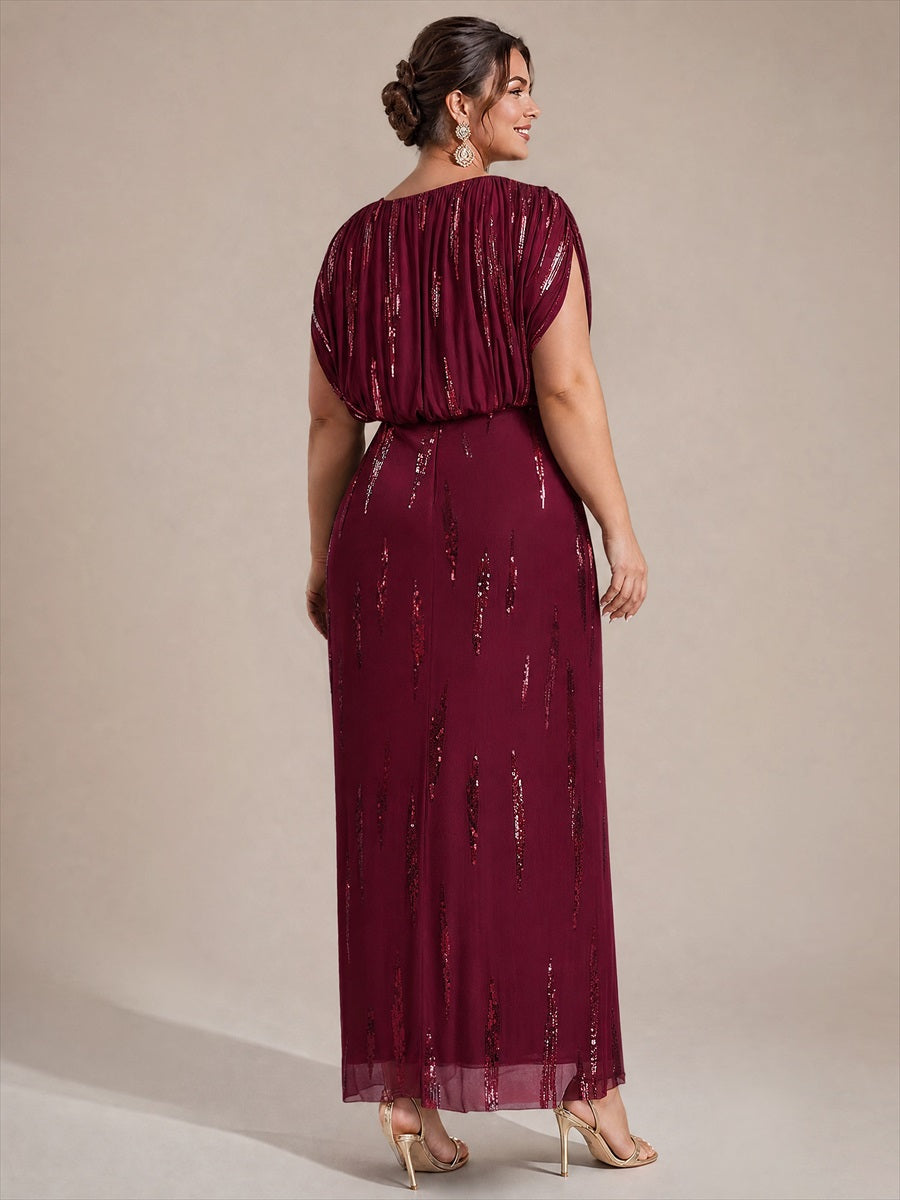 Plus Size Slit Tulle Batwing Evening Dress #color_Burgundy