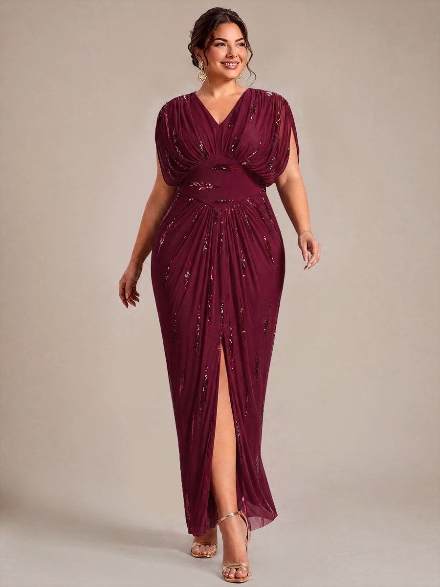 Plus Size Slit Tulle Batwing Evening Dress #color_Burgundy