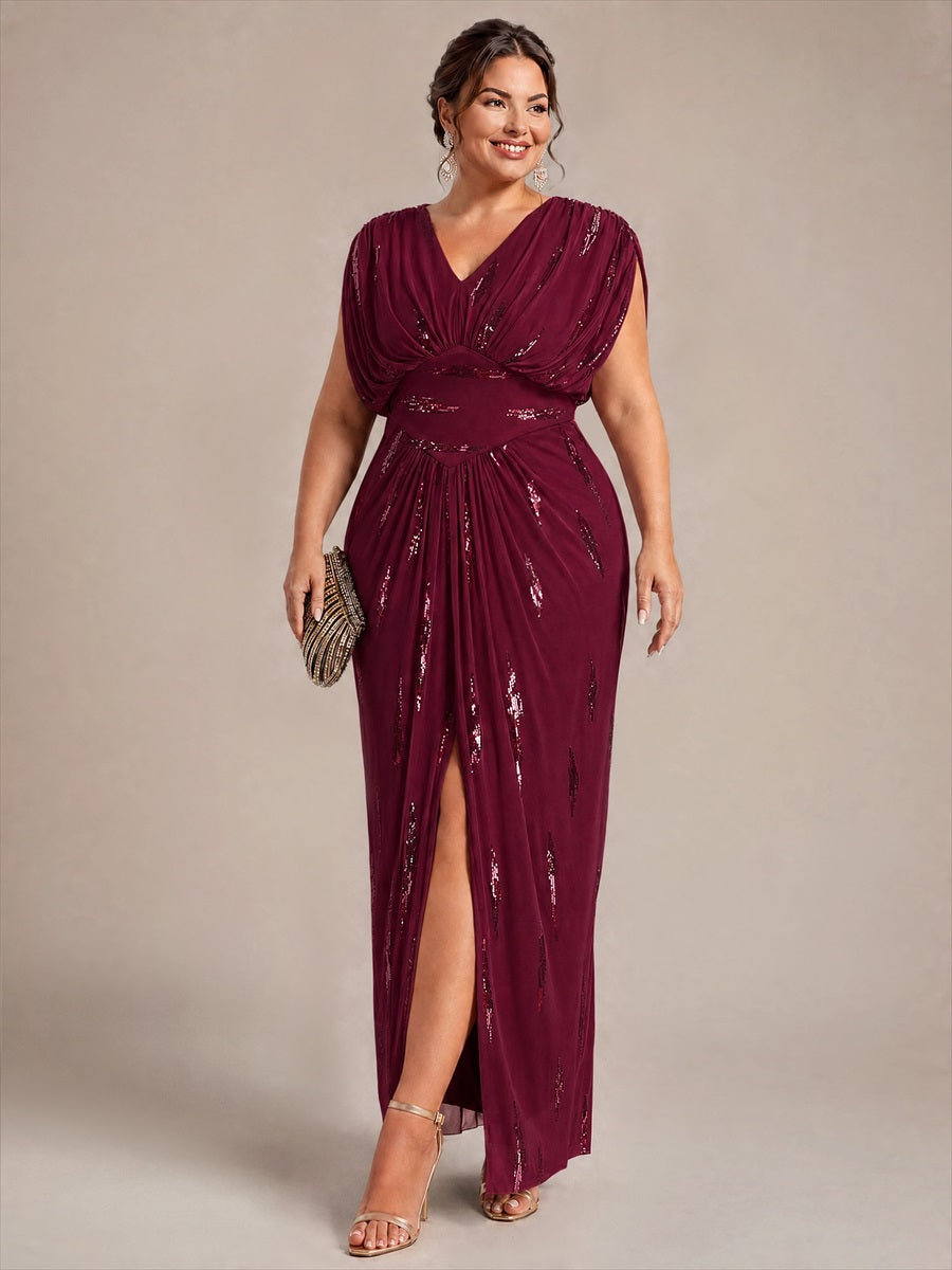 Plus Size Slit Tulle Batwing Evening Dress #color_Burgundy