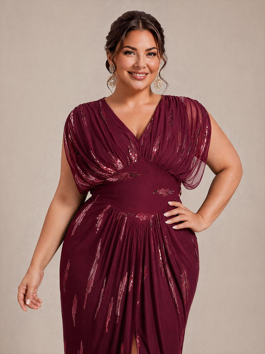 Plus Size Slit Tulle Batwing Evening Dress #color_Burgundy
