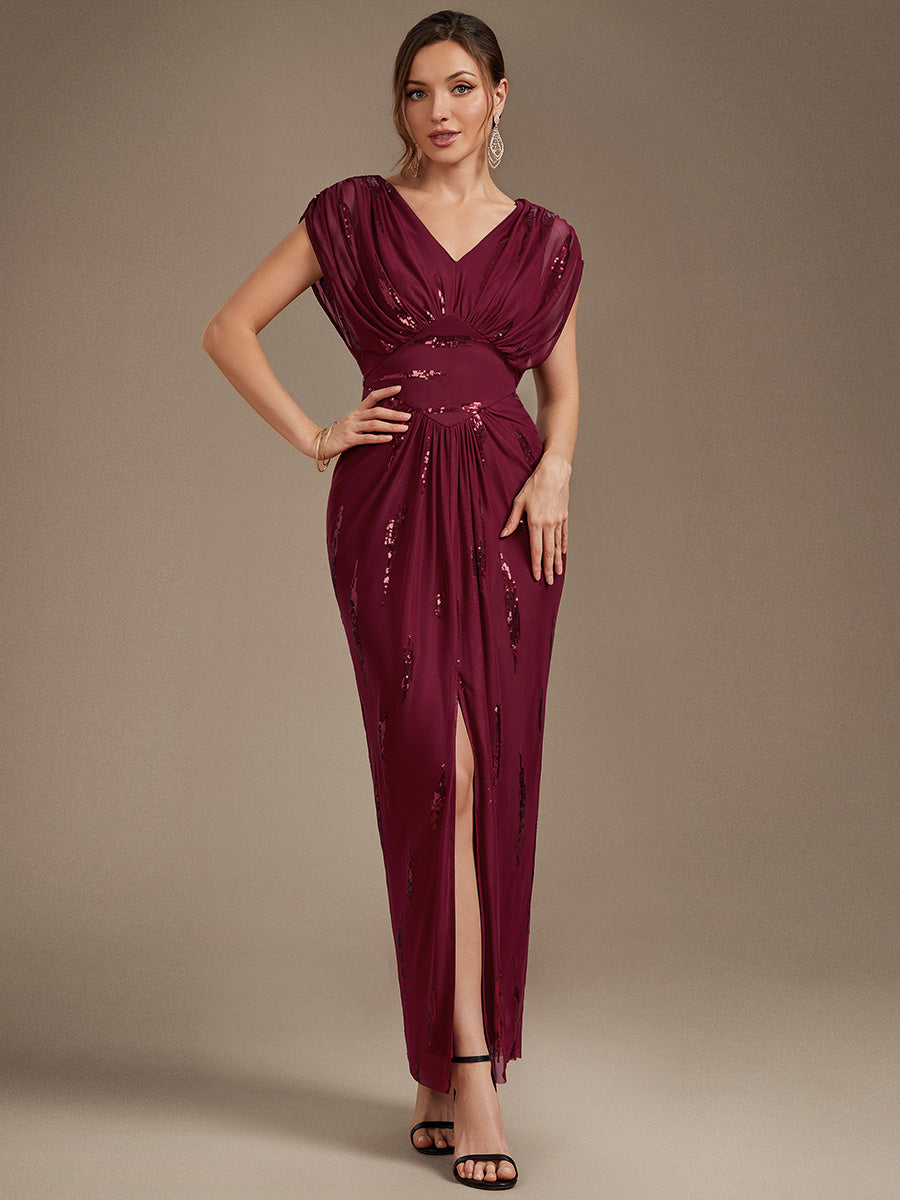 Sequin Tulle Batwing Sleeve Evening Dress #color_Burgundy