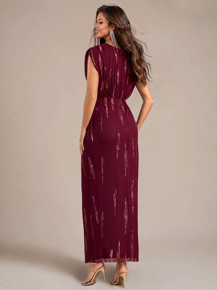 Sequin Tulle Batwing Sleeve Evening Dress #color_Burgundy