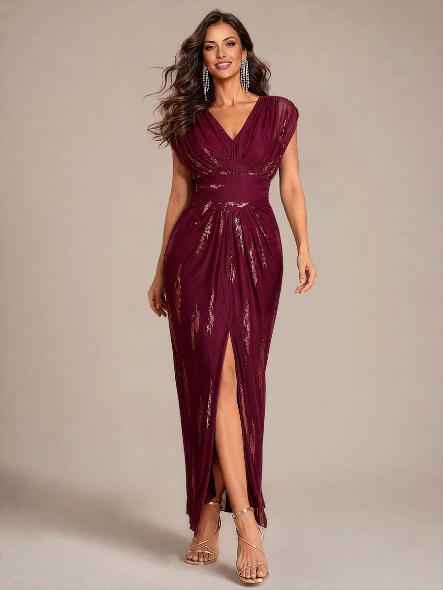 Sequin Tulle Batwing Sleeve Evening Dress #color_Burgundy
