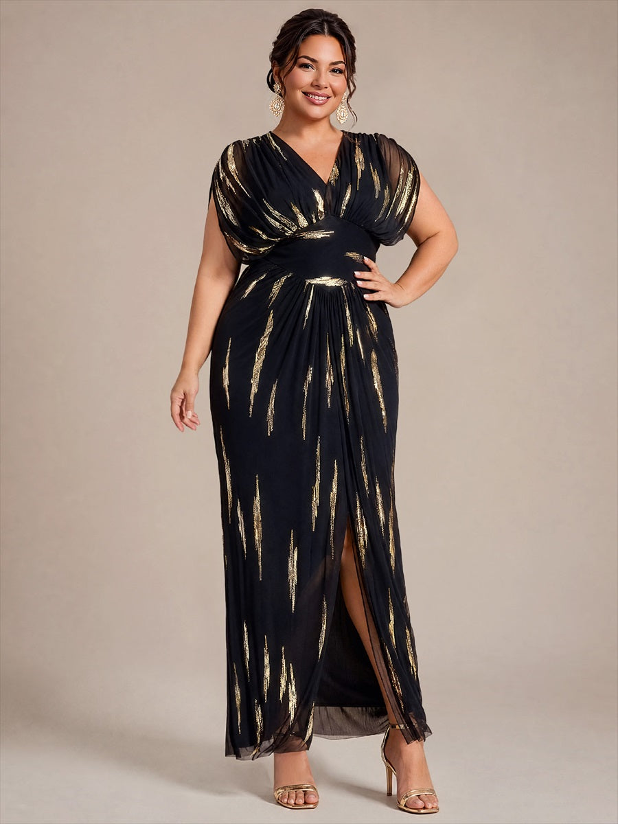 Sequin Tulle Batwing Sleeve Evening Dress #color_Black&Metallic Gold