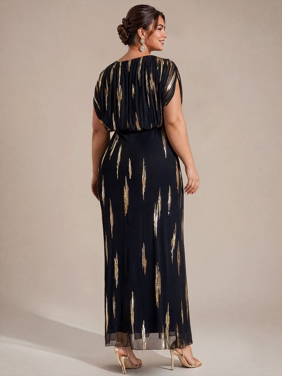 Sequin Tulle Batwing Sleeve Evening Dress #color_Black&Metallic Gold