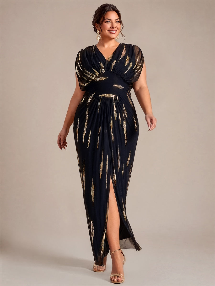 Sequin Tulle Batwing Sleeve Evening Dress #color_Black&Metallic Gold