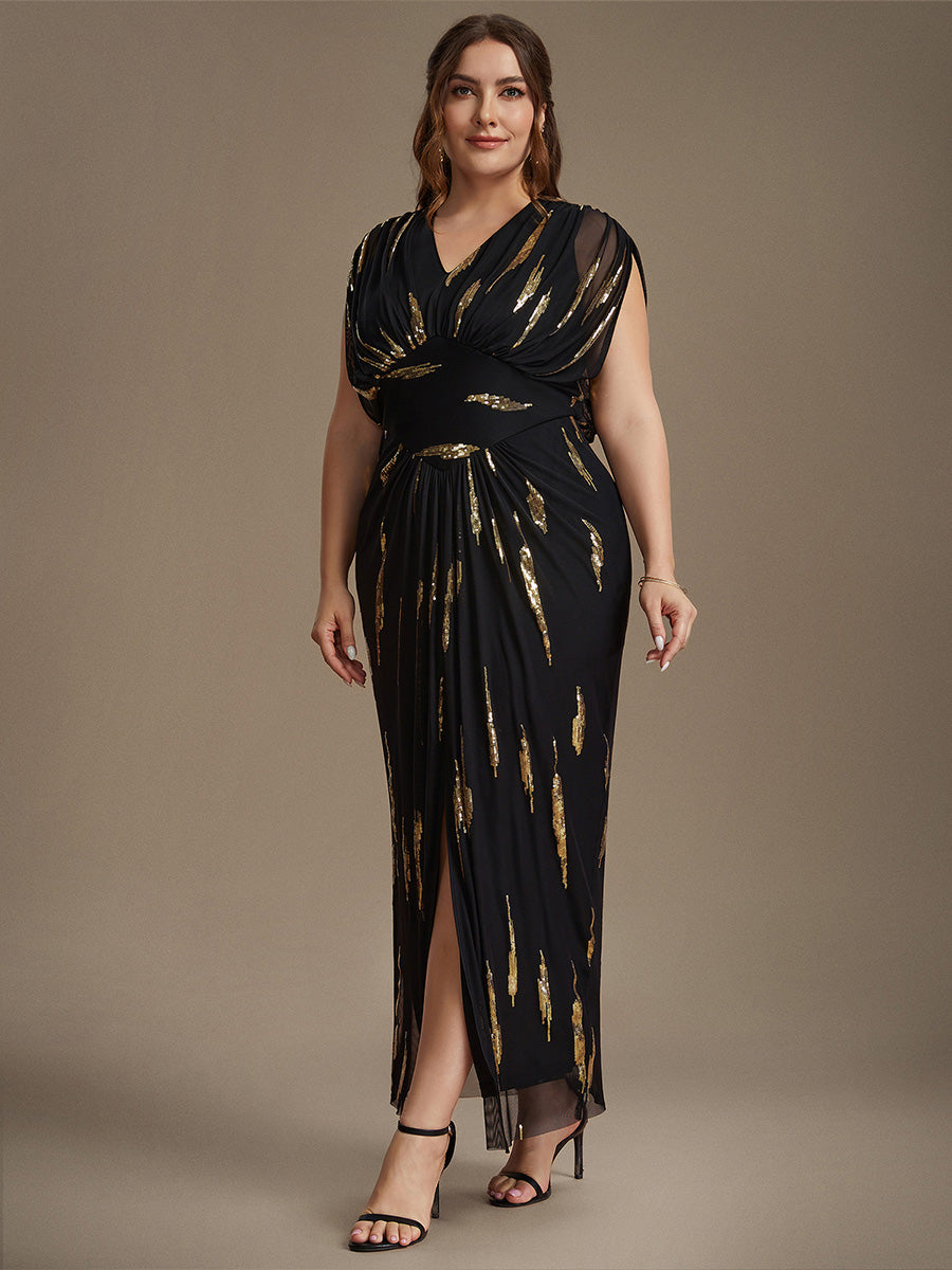 Plus Size Slit Tulle Batwing Evening Dress #color_Black & Gold