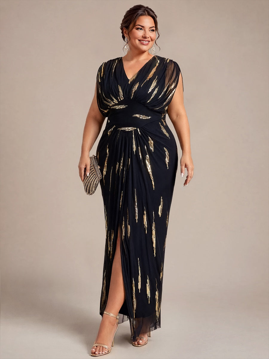 Sequin Tulle Batwing Sleeve Evening Dress #color_Black&Metallic Gold