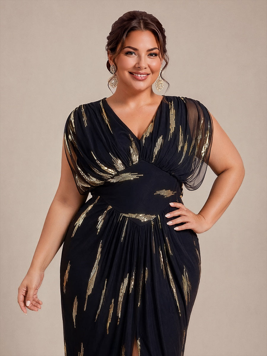 Sequin Tulle Batwing Sleeve Evening Dress #color_Black&Metallic Gold