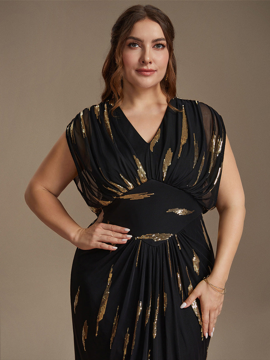 Plus Size Slit Tulle Batwing Evening Dress #color_Black & Gold
