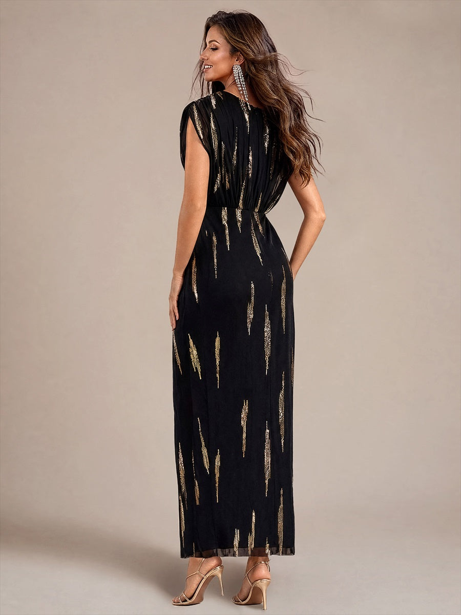 Sequin Tulle Batwing Sleeve Evening Dress #color_Black&Metallic Gold