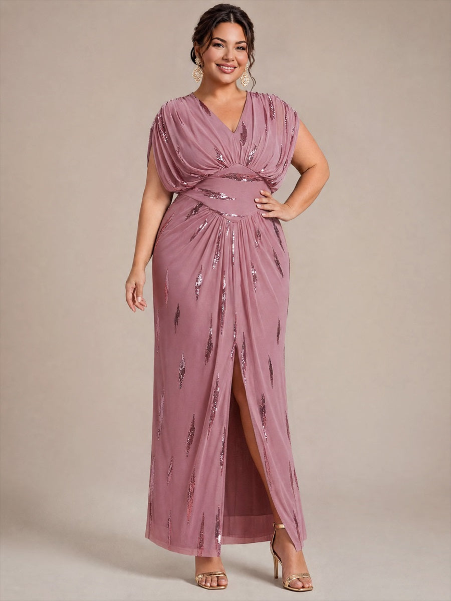 Plus Size Slit Tulle Batwing Evening Dress #color_Purple Orchid