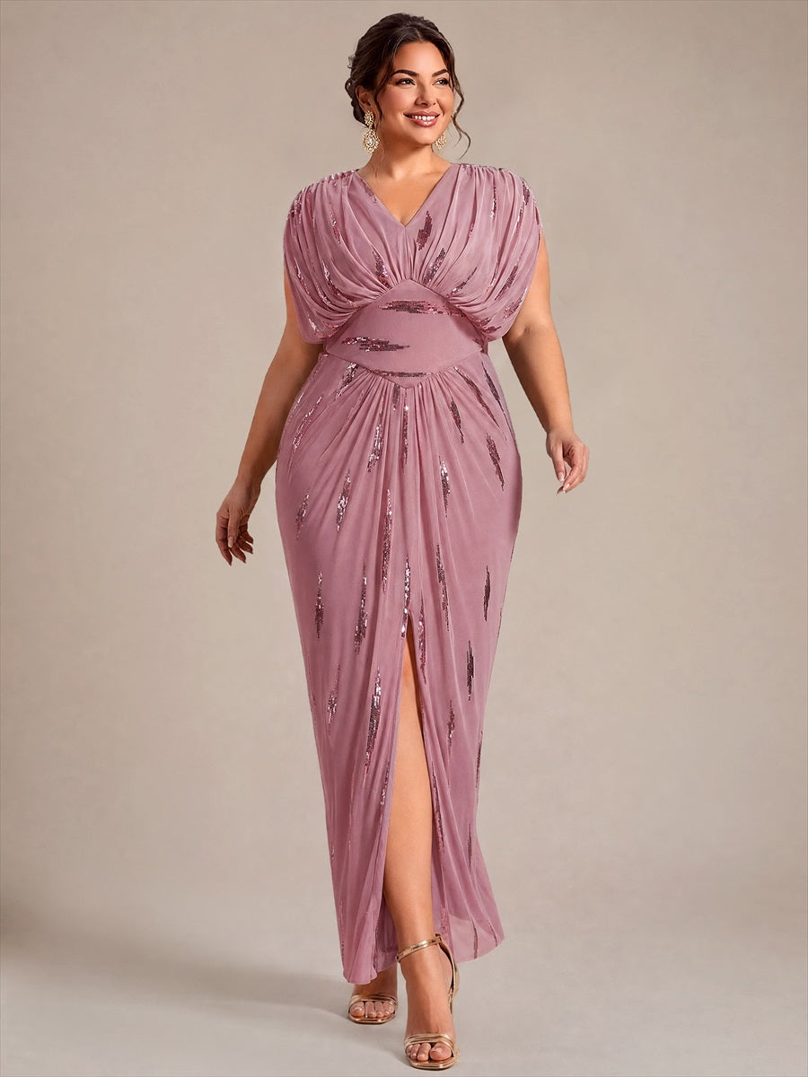 Plus Size Slit Tulle Batwing Evening Dress #color_Purple Orchid