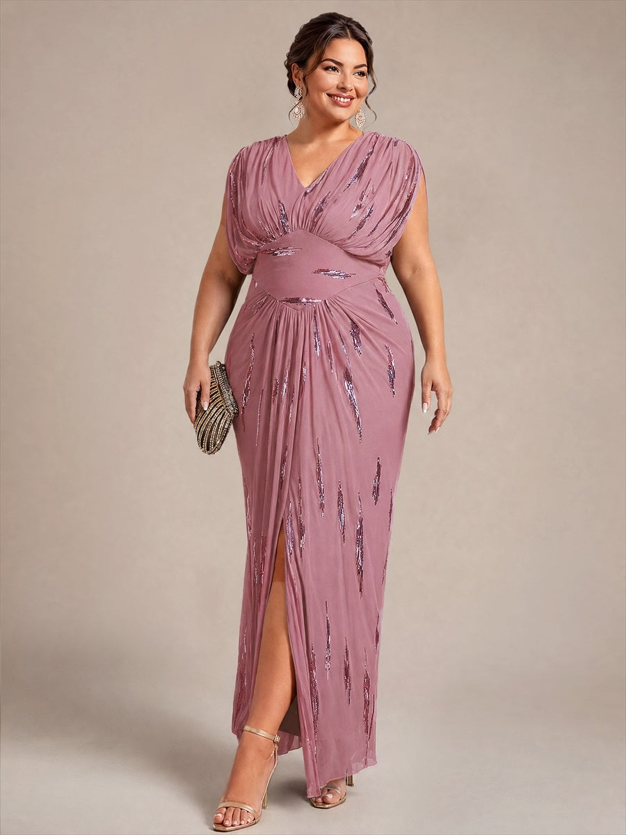 Plus Size Slit Tulle Batwing Evening Dress #color_Purple Orchid