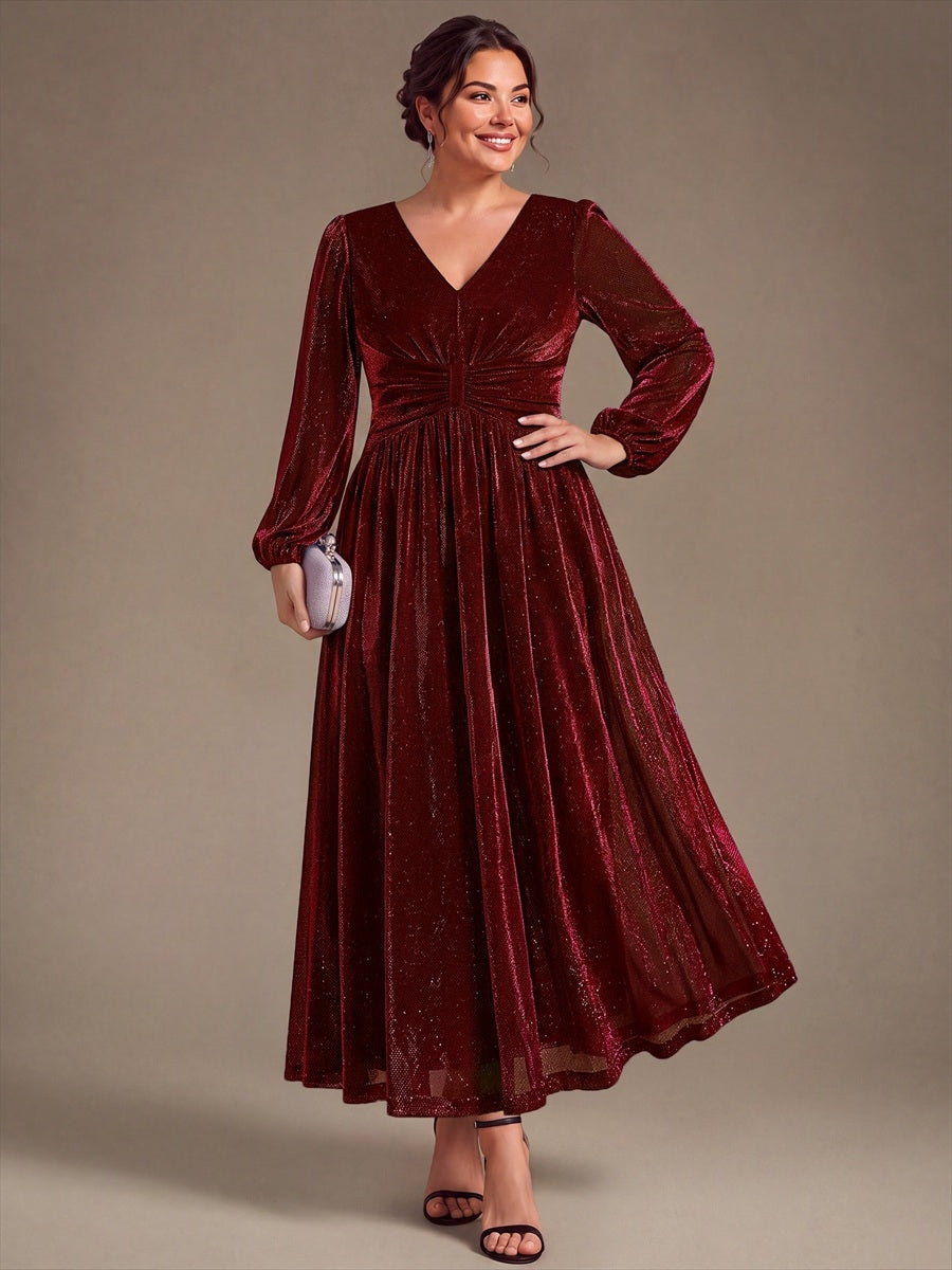Plus Size Lurex Mesh Puff Sleeve Evening Dress #color_Burgundy