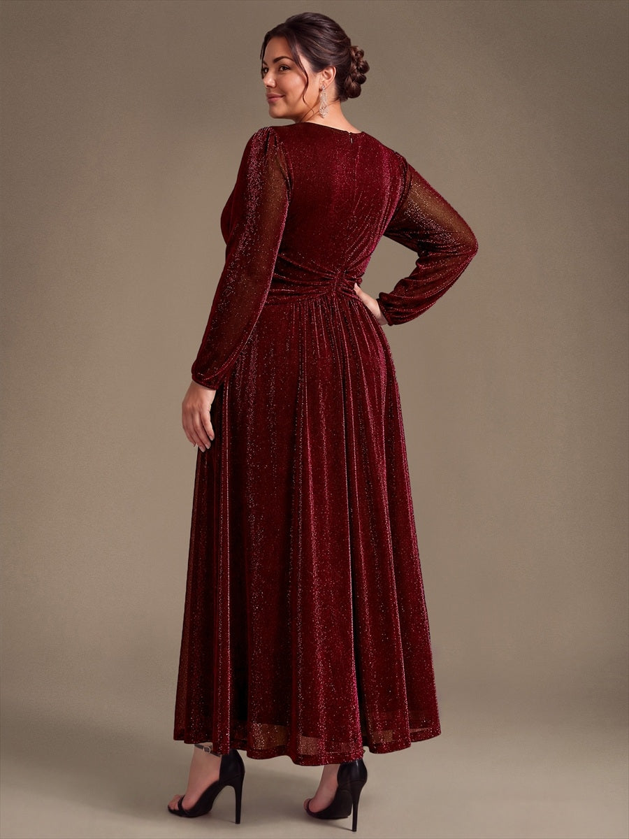Plus Size Lurex Mesh Puff Sleeve Evening Dress #color_Burgundy